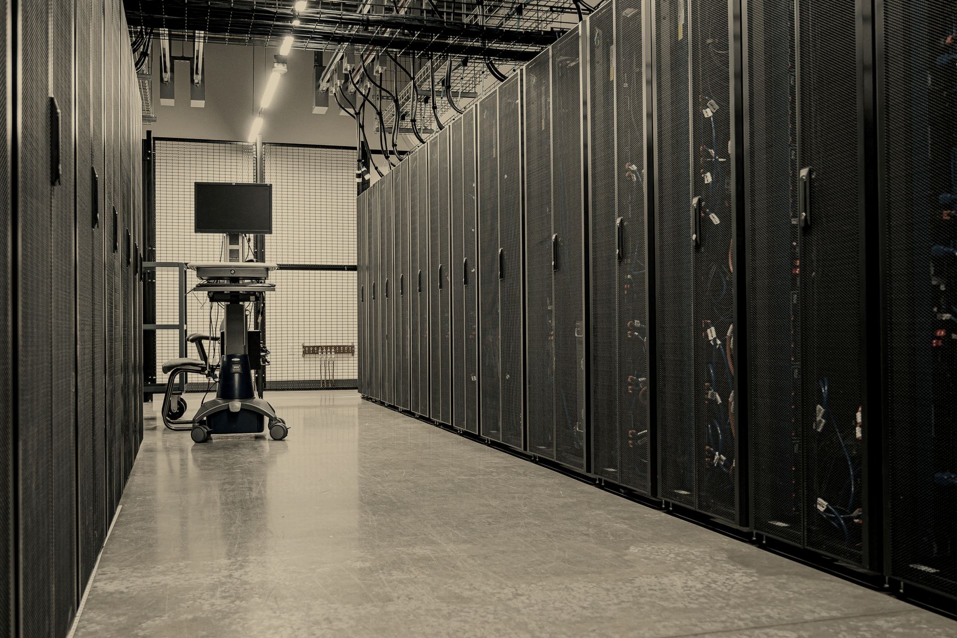 High-density data hall corridor, racks under containment