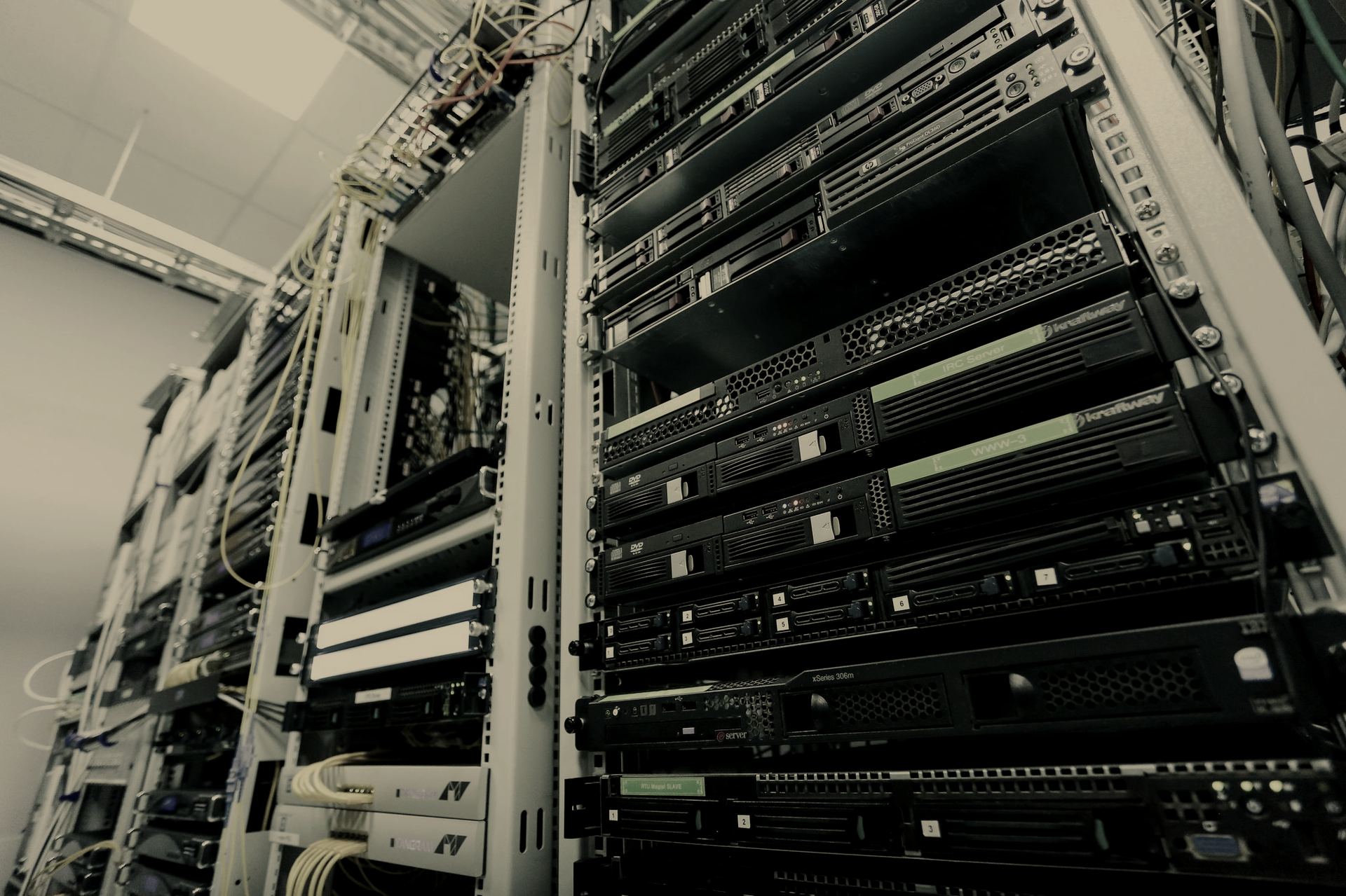 Server racks photographed from a low angle
